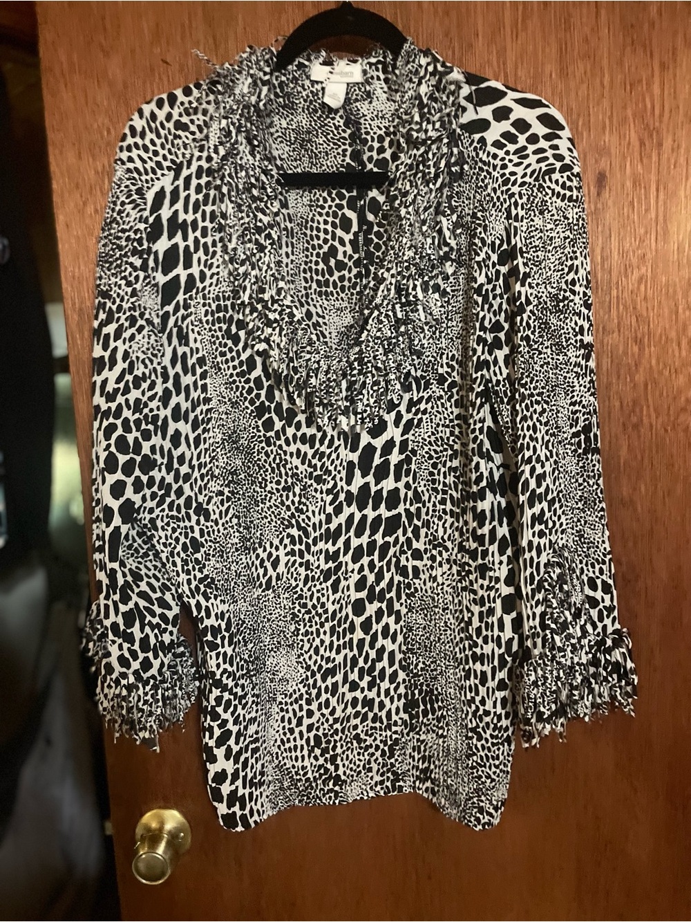 dressbarn Black & White Animal-Print Ruffle V-Neck Blouse
